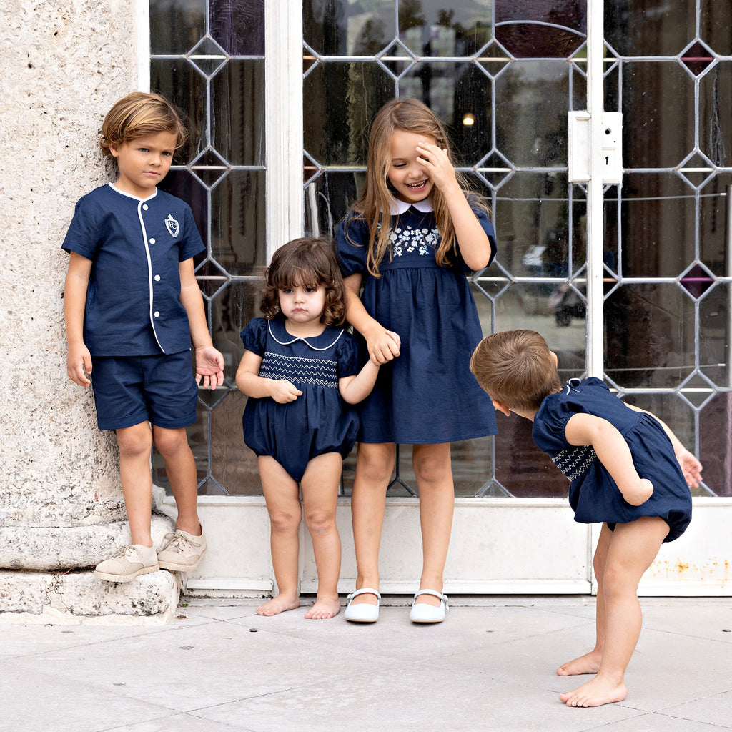 Navy Linen Romper With Ivory Details