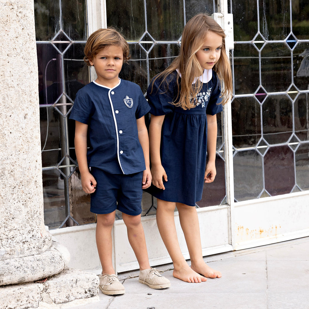 Navy Linen Mandarin Shirt With Ivory Details Set