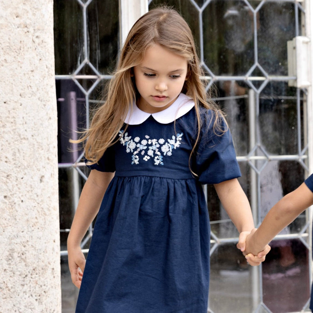 Navy Linen Dress With Embroidered Flowers