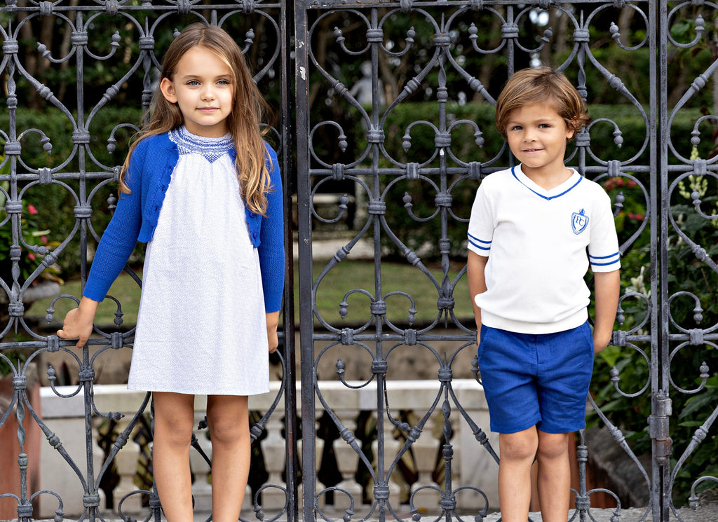 Ivory V-Neck Sweater With Royal Blue Accents