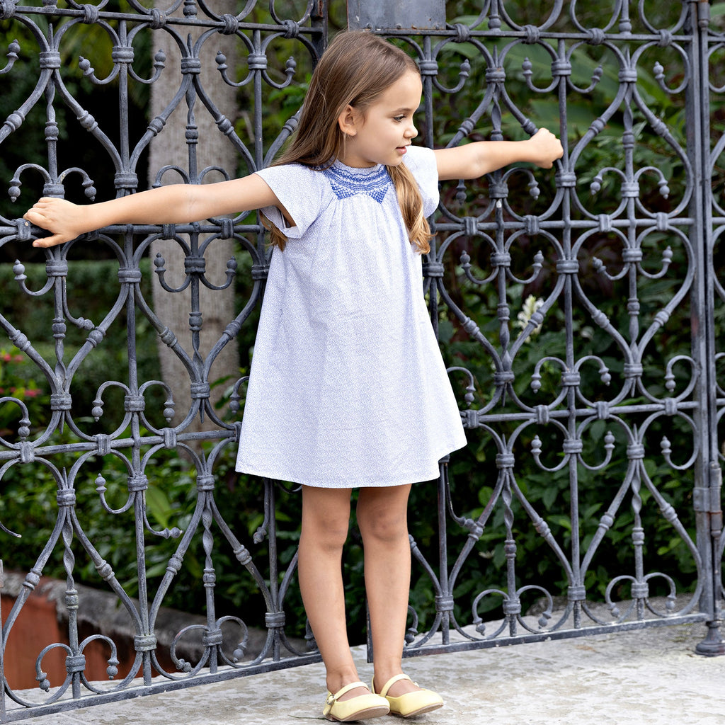 Royal Blue Floral Dress With Smocking Neck