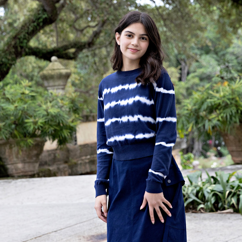 Navy Tie Dye Stripe Cropped Sweater