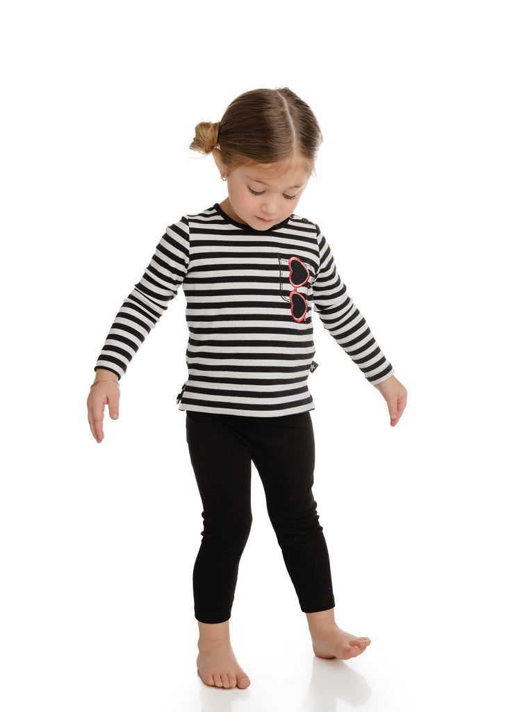 Long Sleeve Black and White Stripe T-Shirt With Heart Sunglasses