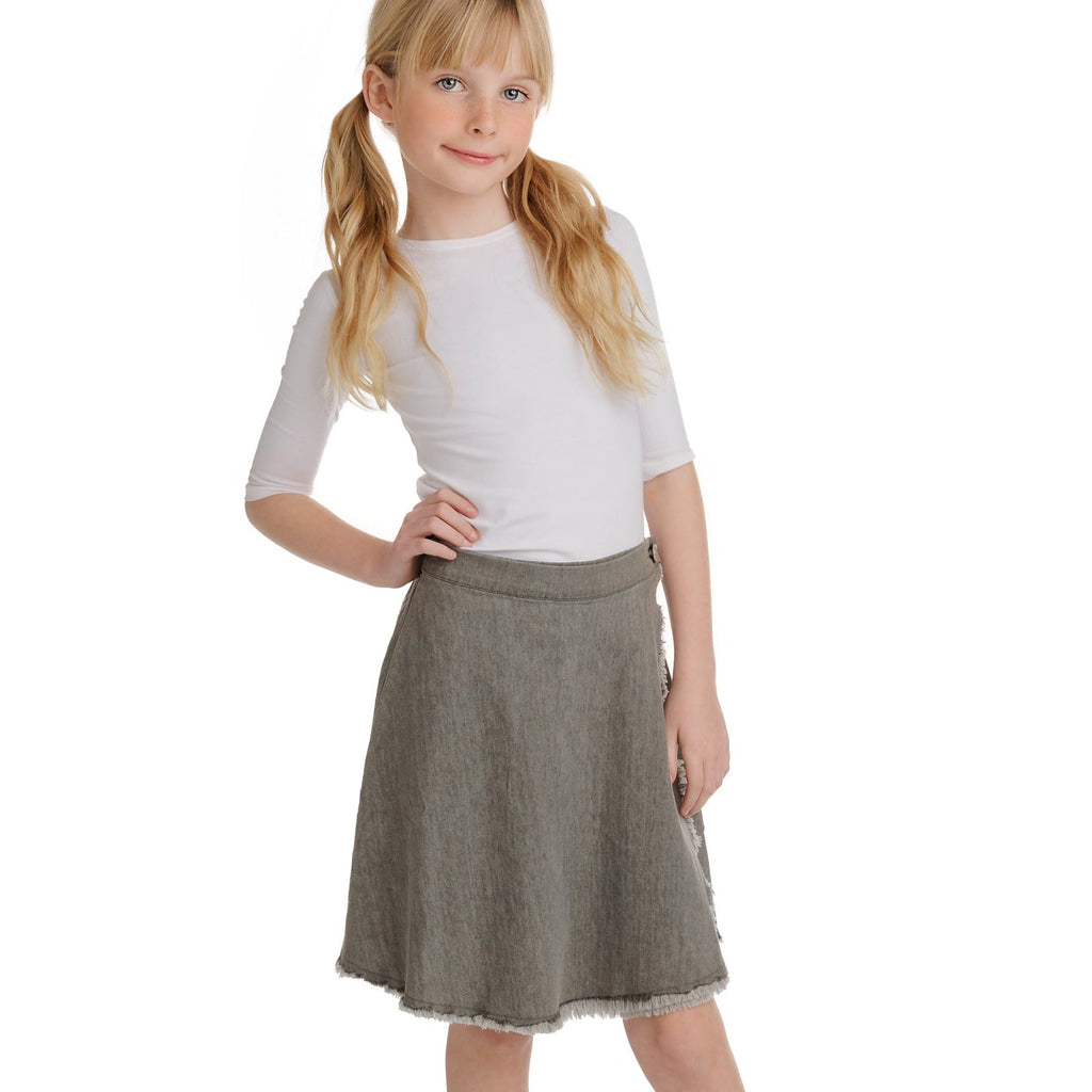 Grey Denim Wrap Skirt with Frayed Details