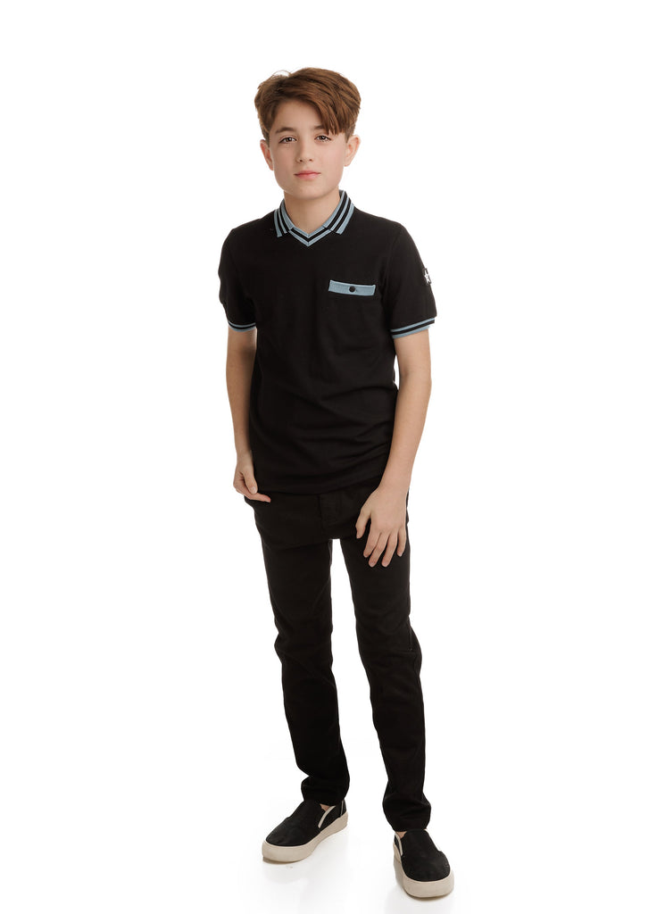 Black V-Neck Short Sleeve Polo With Light Blue Accents