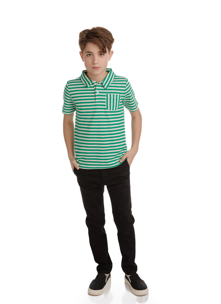 Green and White Stripe Short Sleeve Polo With Patch Pocket