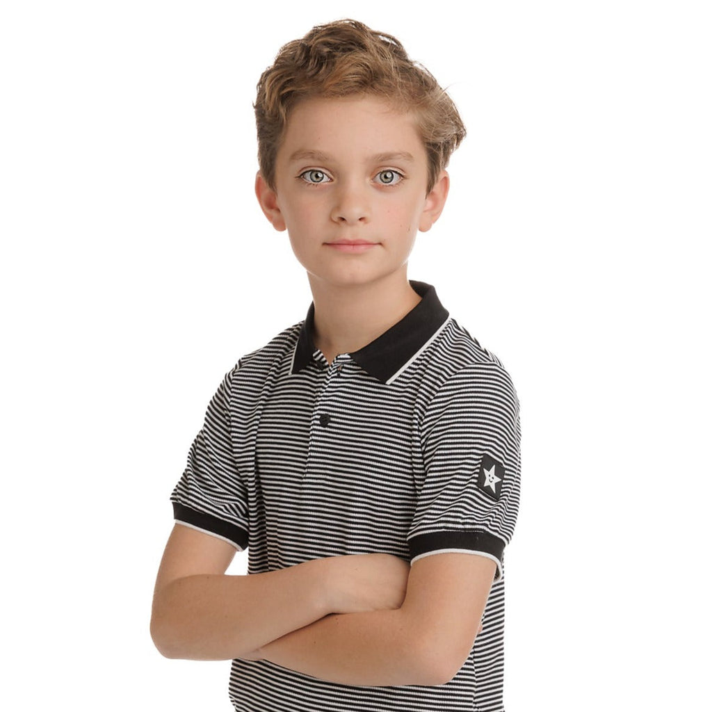 Black and White Stripe Ribbed Short Sleeve Polo