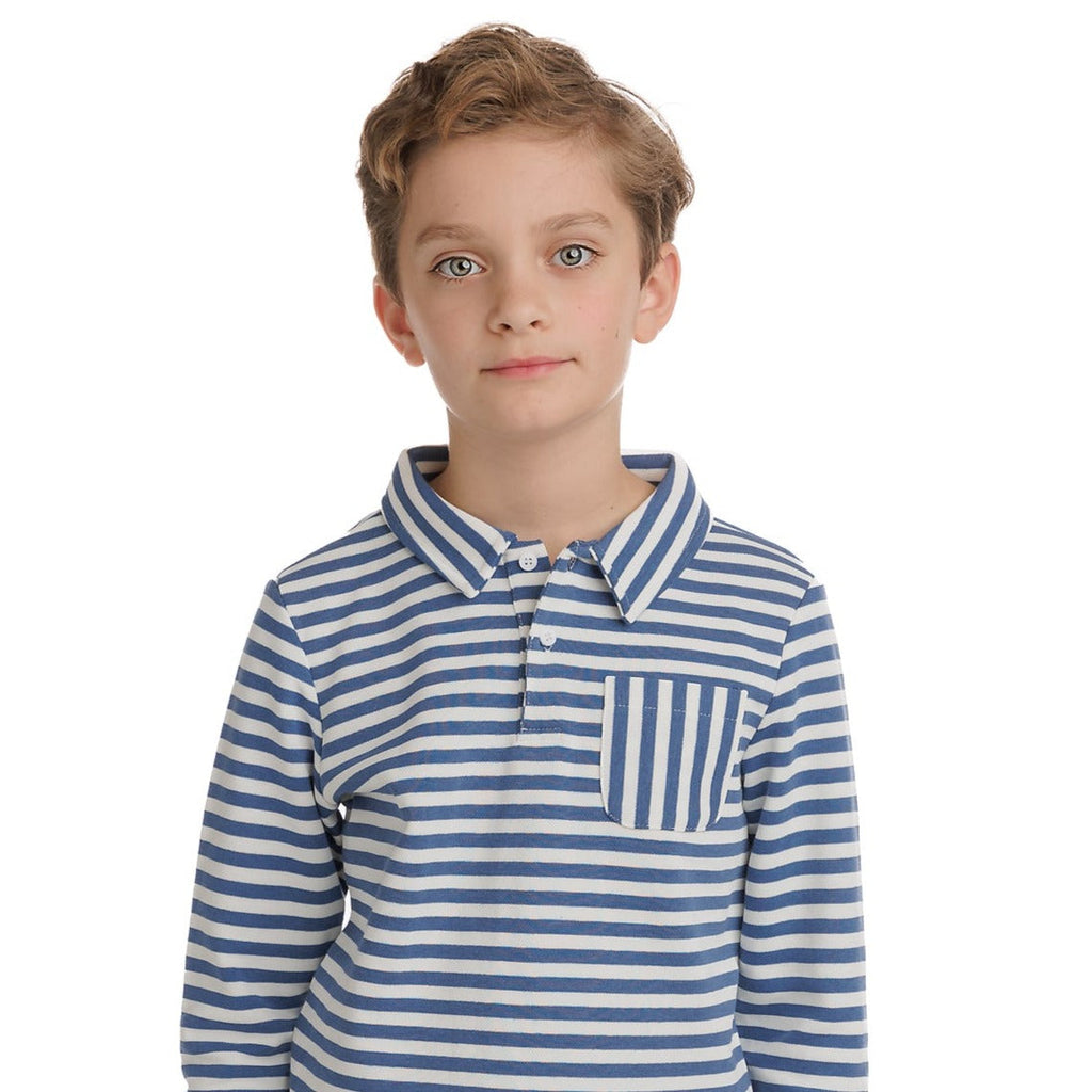 Blue and White Stripe Long Sleeve Polo With Patch Pocket