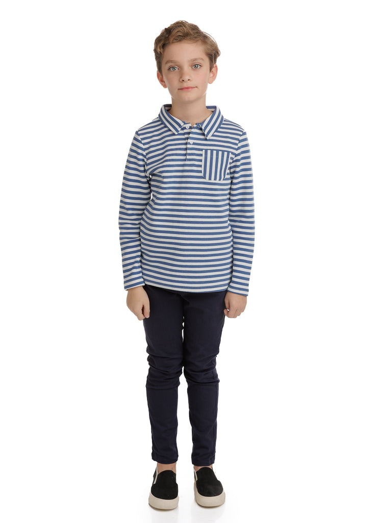 Blue and White Stripe Long Sleeve Polo With Patch Pocket