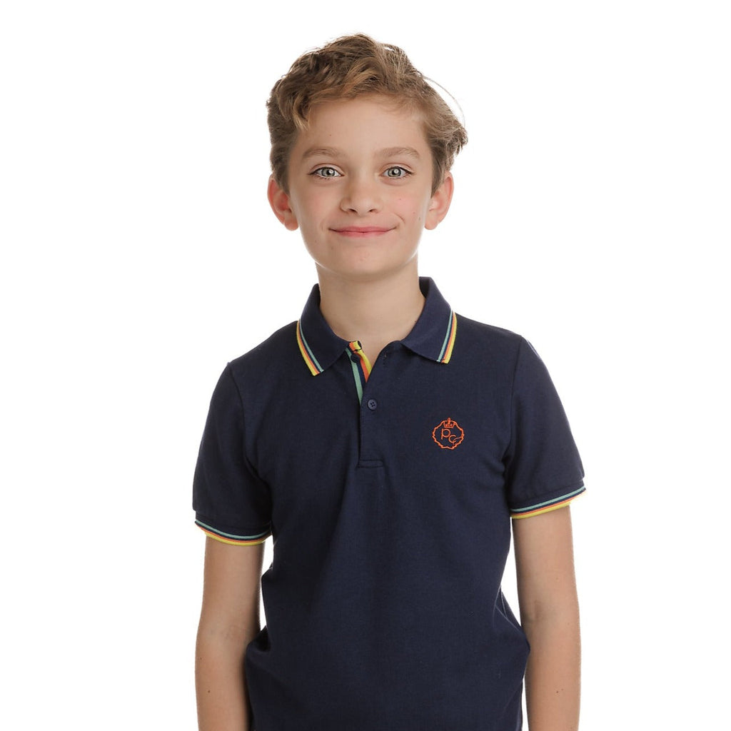 Navy Short Sleeve Polo With Colorful Stripes