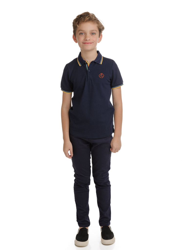 Navy Short Sleeve Polo With Colorful Stripes