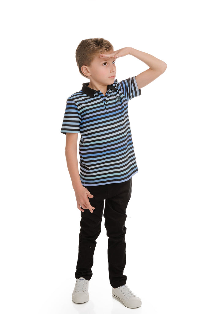 Blue and Black Striped Short Sleeve Polo