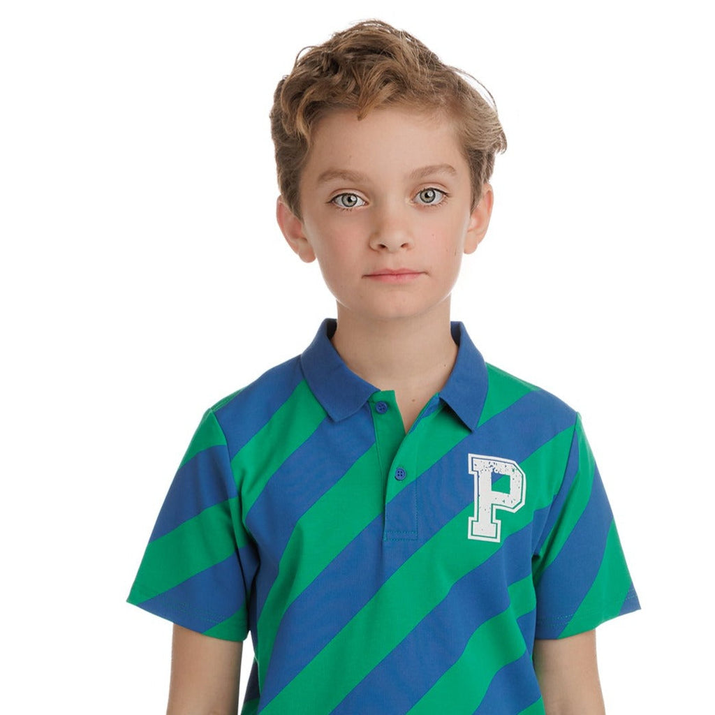 Green and Blue Diagonal Stripe Short Sleeve Polo