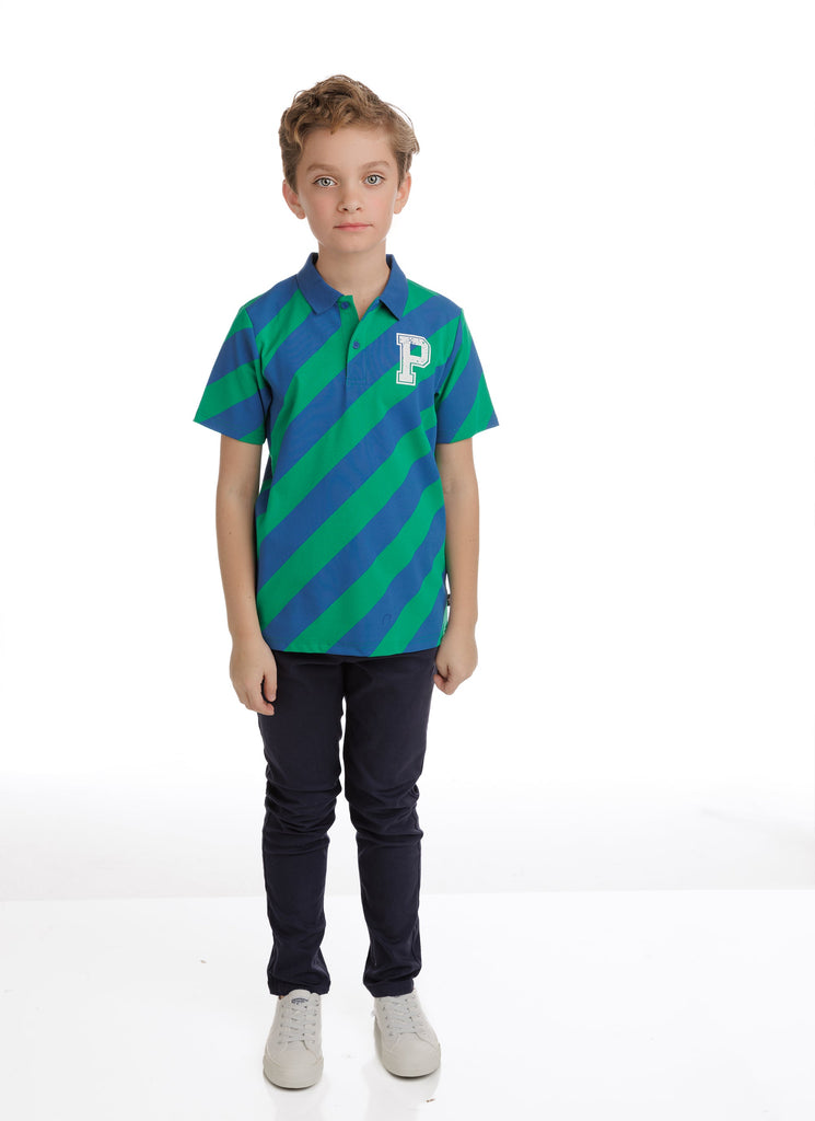 Green and Blue Diagonal Stripe Short Sleeve Polo