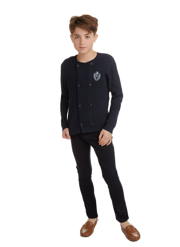 Navy Double Breasted Cableknit Cardigan With Emblem