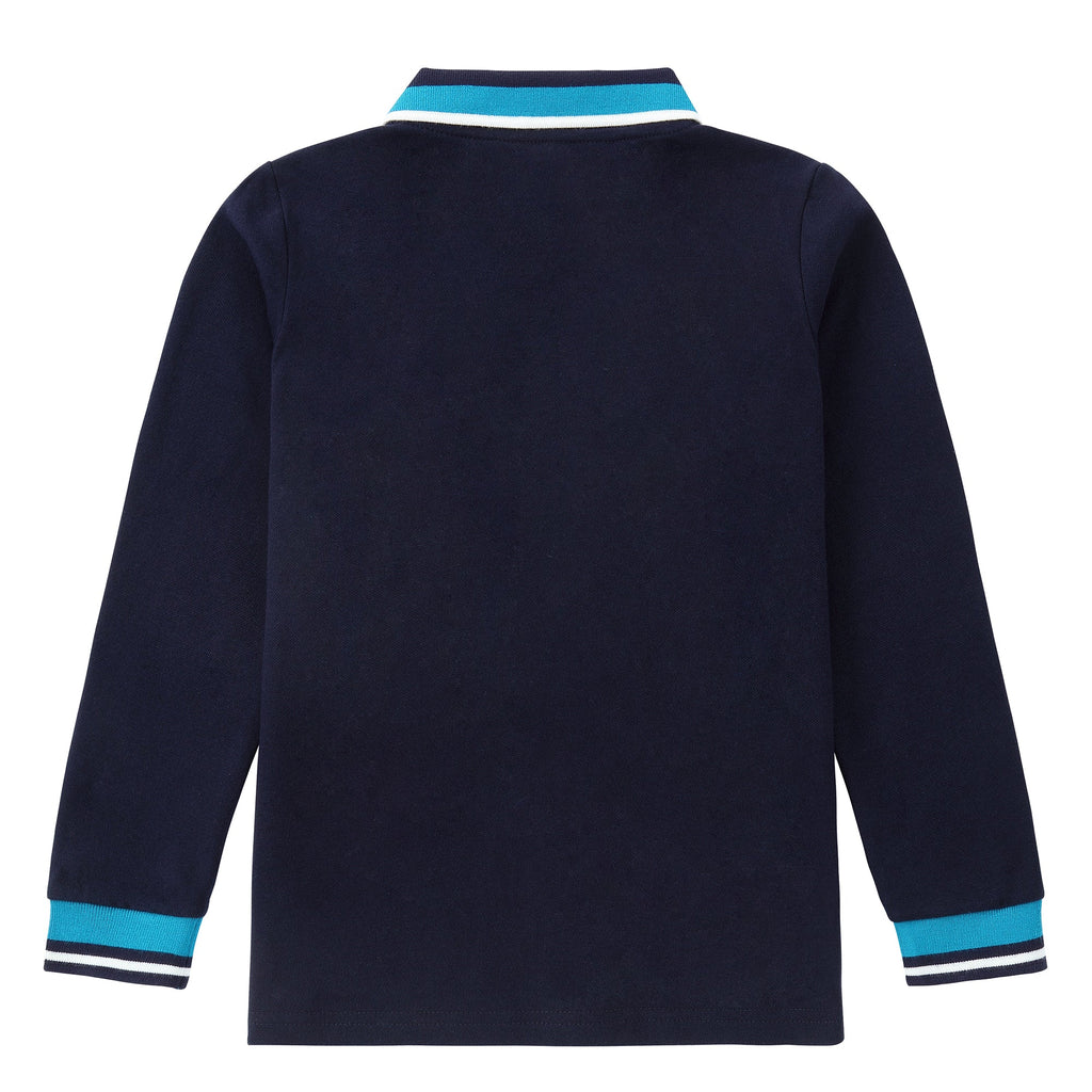 Navy Long Sleeve Polo With Bright Blue and White Accents