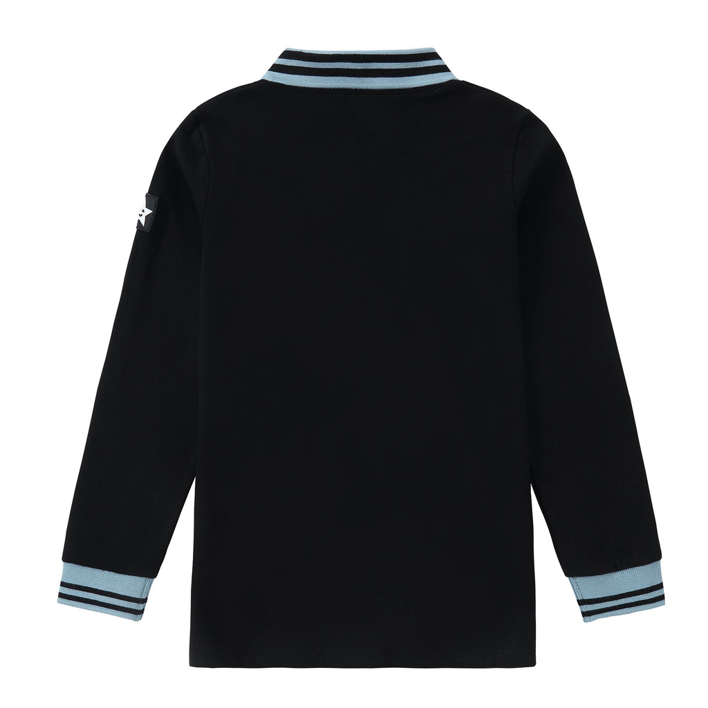 Black V-Neck Long Sleeve Polo With Light Blue Accents