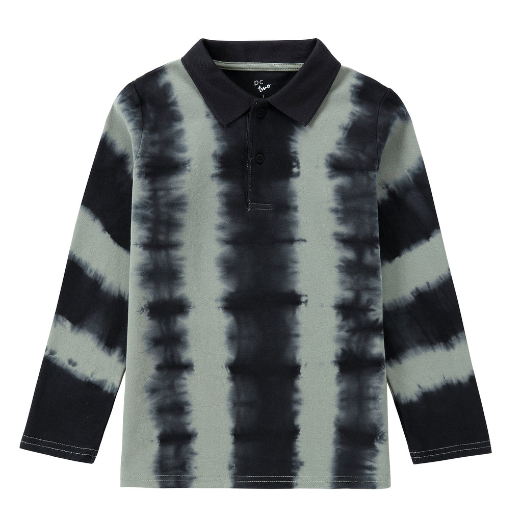 Sage and Black Tie Dye Stripe Long Sleeve Polo