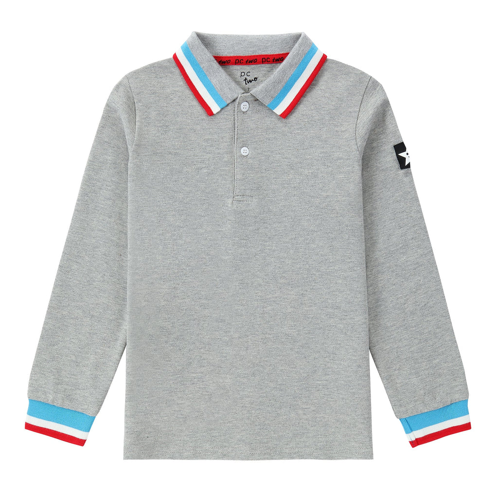 Heather Grey Long Sleeve Polo With Colorful Stripes