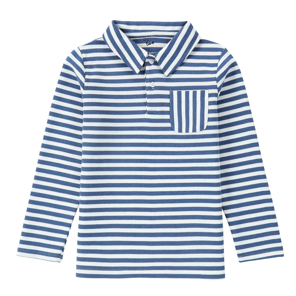 Blue and White Stripe Long Sleeve Polo With Patch Pocket