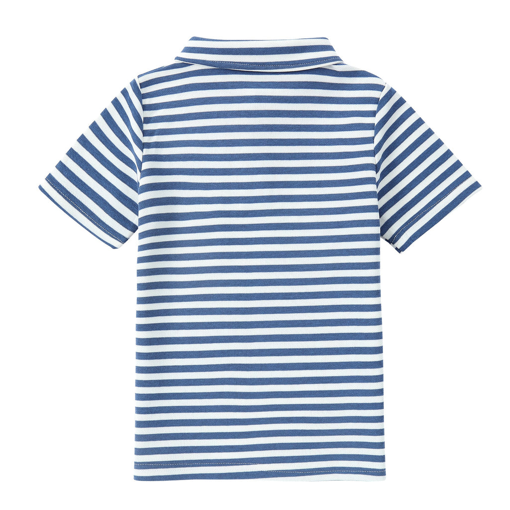 Blue and White Stripe Short Sleeve Polo With Patch Pocket