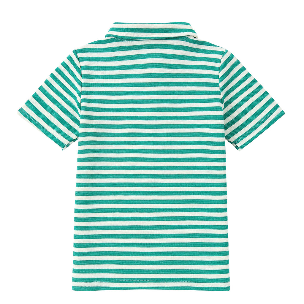 Green and White Stripe Short Sleeve Polo With Patch Pocket