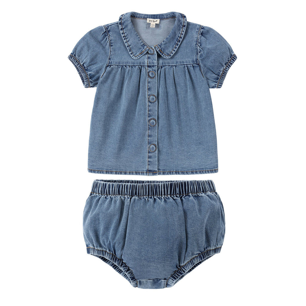 Denim Short Sleeve Peter Pan Collar Set