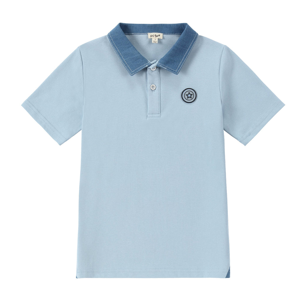 Light Blue Short Sleeve Polo With Denim Accent