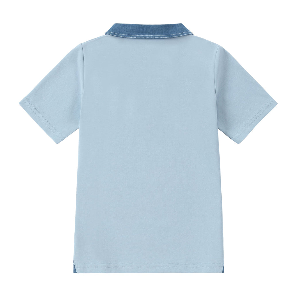 Light Blue Short Sleeve Polo With Denim Accent