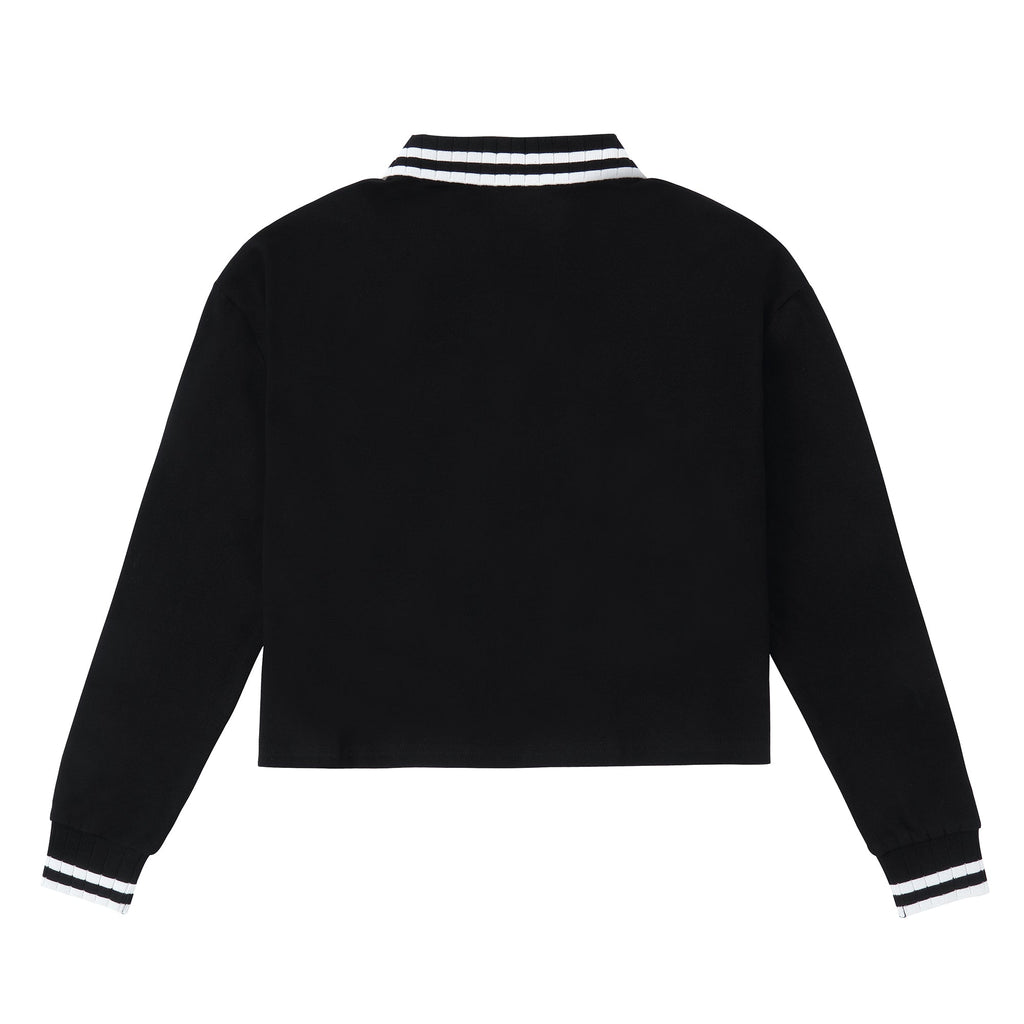 Black Cropped Wide Rib Collared Polo With White Accents