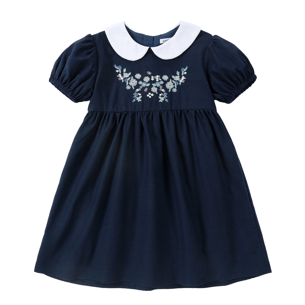 Navy Linen Dress With Embroidered Flowers