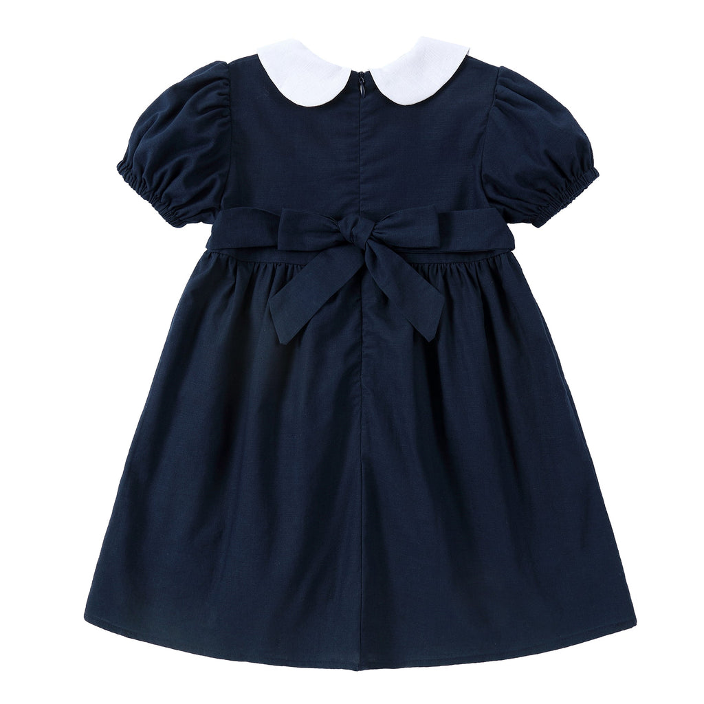 Navy Linen Dress With Embroidered Flowers