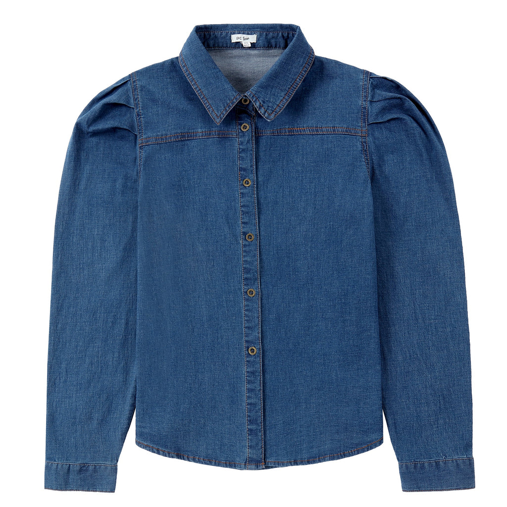 Dark Denim Puff Sleeve Shirt With Brown Topstitching Details