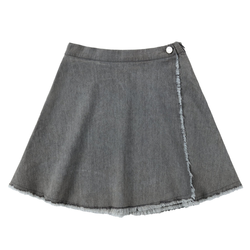 Grey Denim Wrap Skirt with Frayed Details