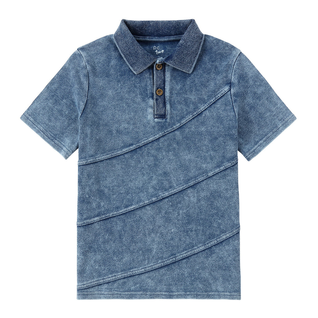 Medium Blue Stretch Denim Short Sleeve Polo With Diagonal Seaming Detail