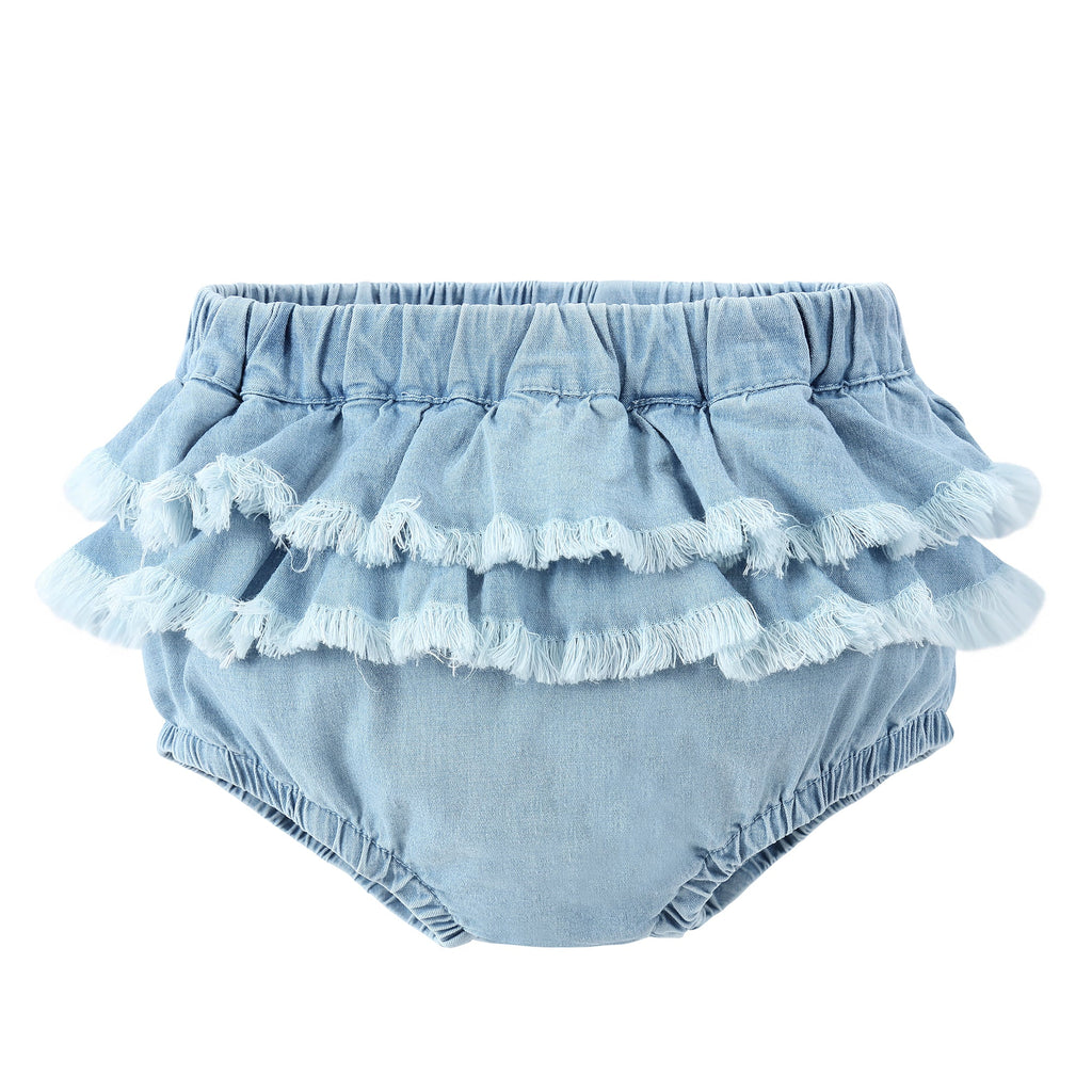 Super Light Blue Denim Frayed Ruffle Bloomer