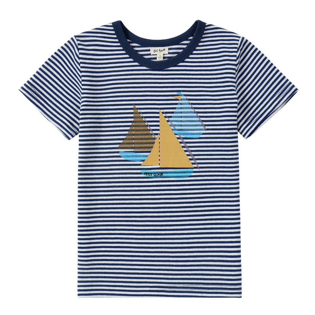 Navy and White Striped T-Shirt With Sailboat Print