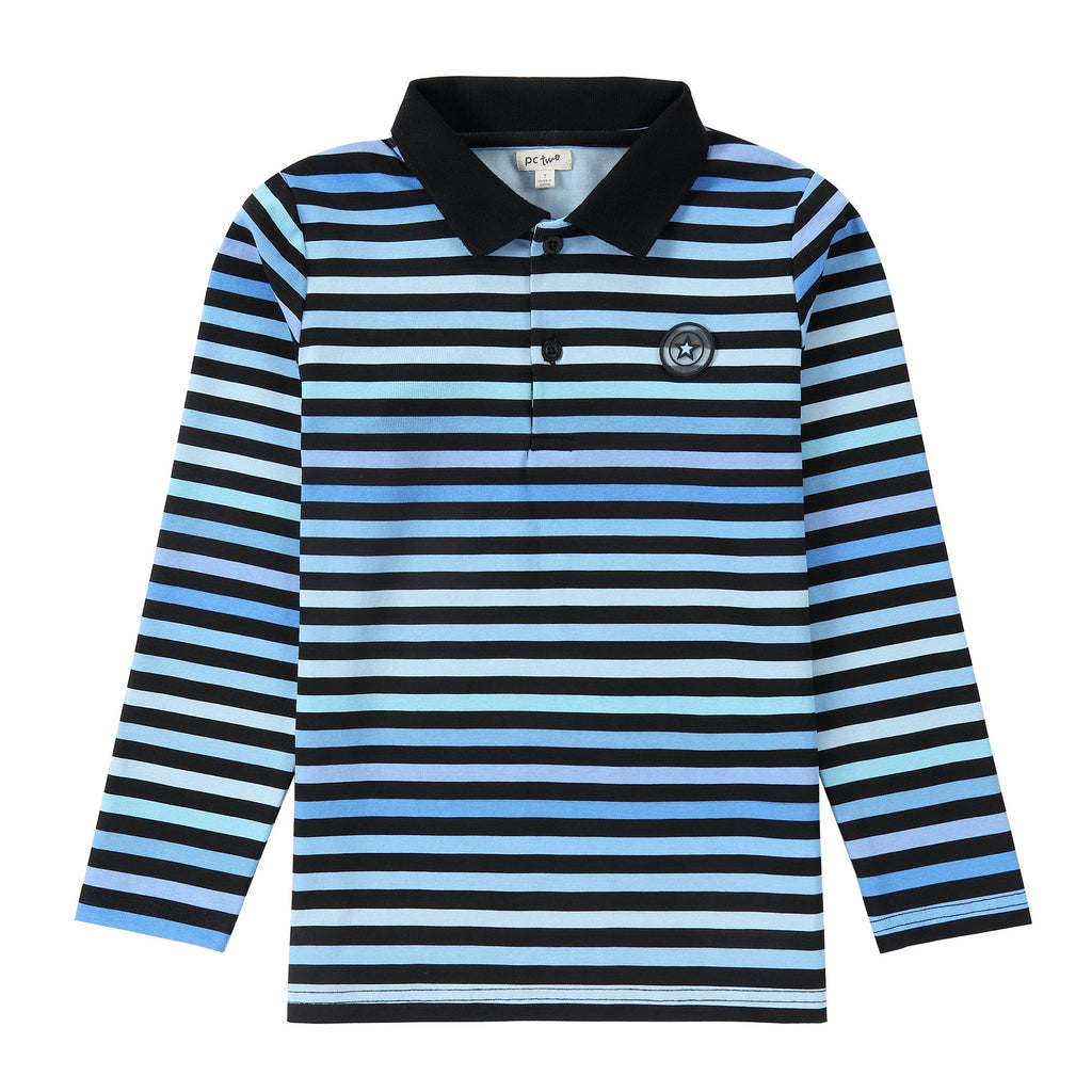 Blue and Black Striped Long Sleeve Polo