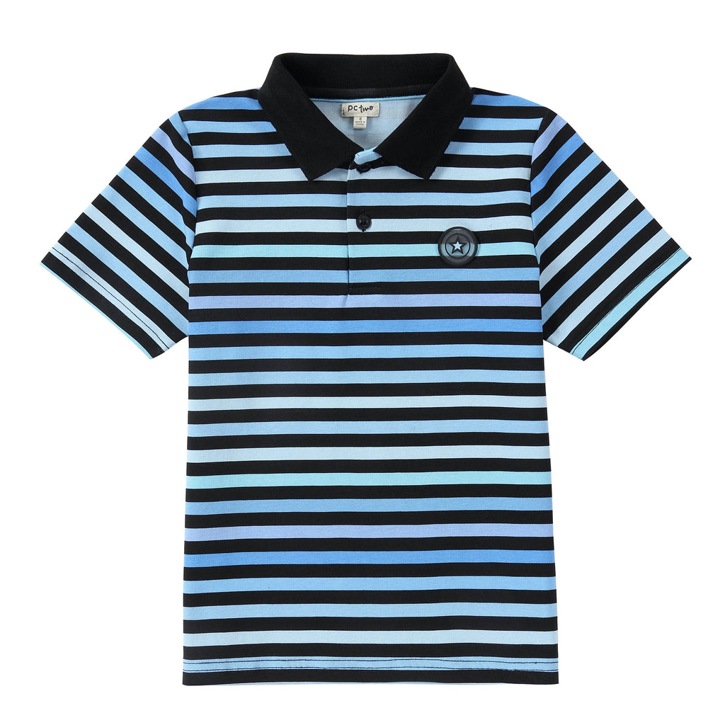 Blue and Black Striped Short Sleeve Polo