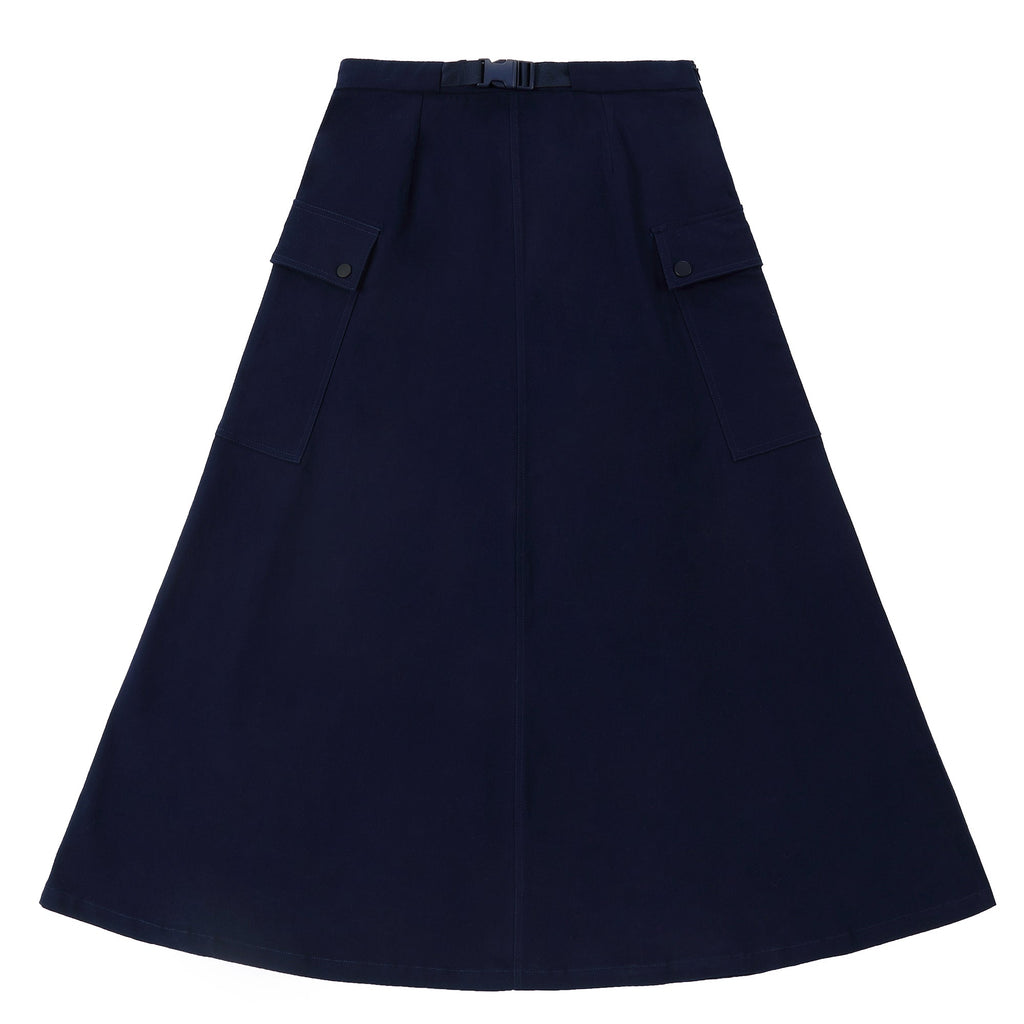 Navy Buckle Maxi Skirt With Patch Pockets