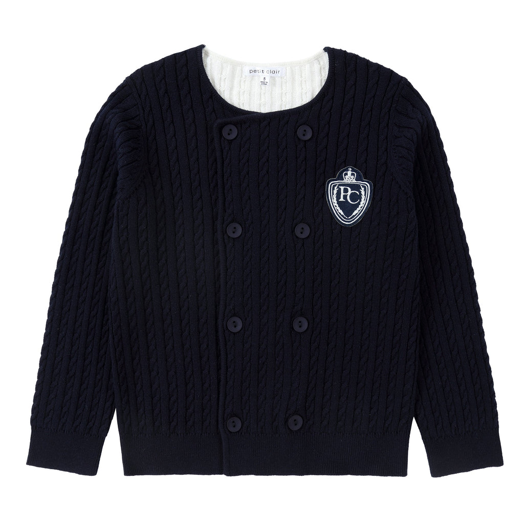 Navy Double Breasted Cableknit Cardigan With Emblem