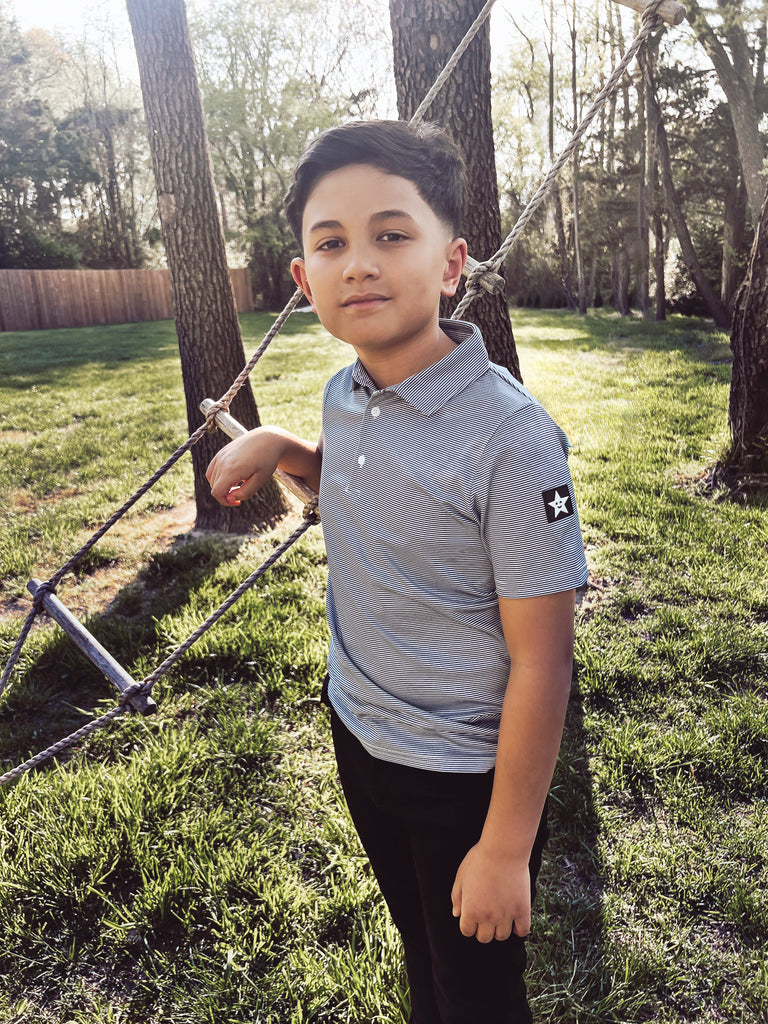 Navy Blue and White Micro Stripe Short Sleeve Polo