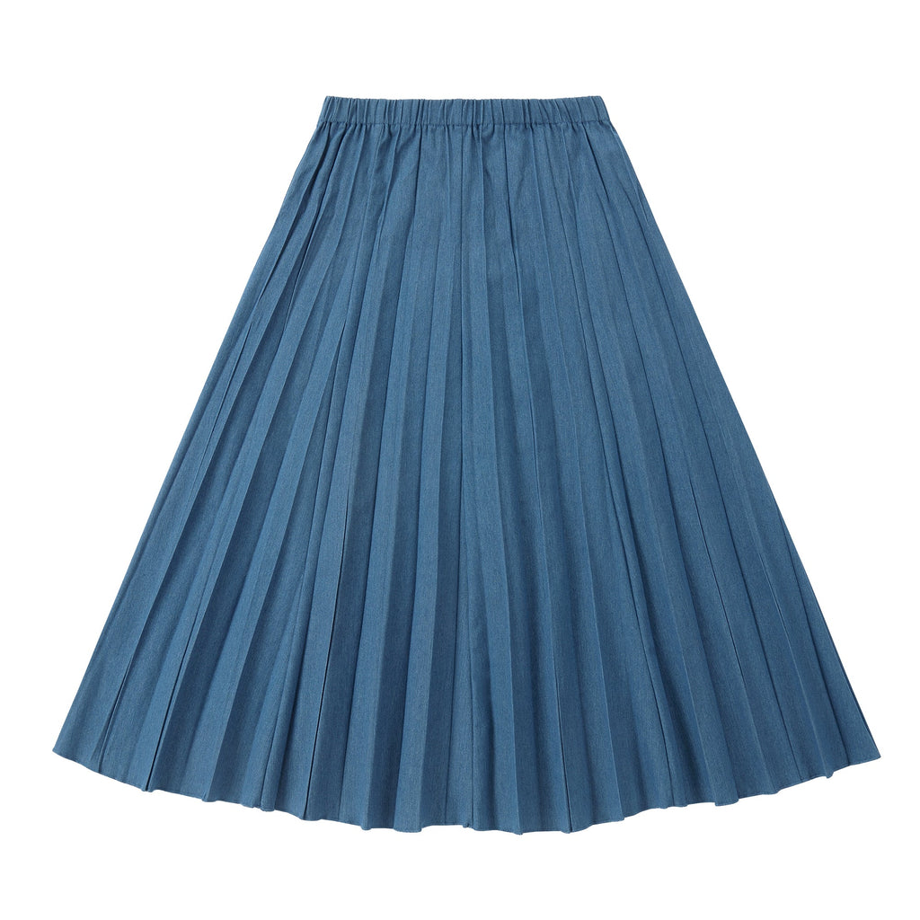 Pleated Blue Denim Midi Skirt