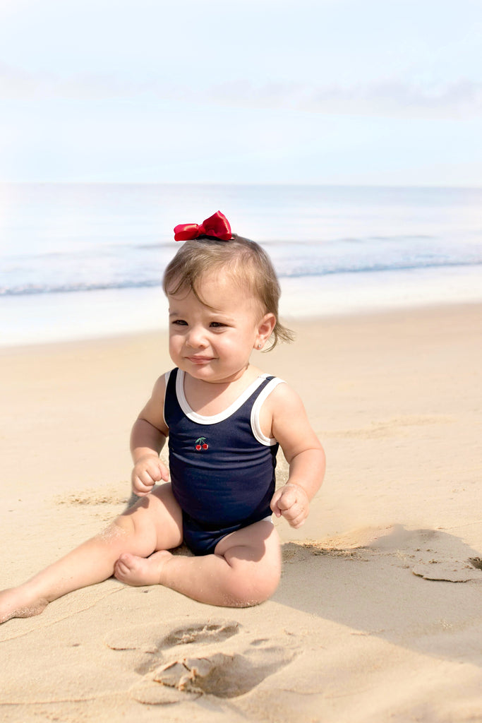 Navy Bathingsuit With Cherry Embroidery