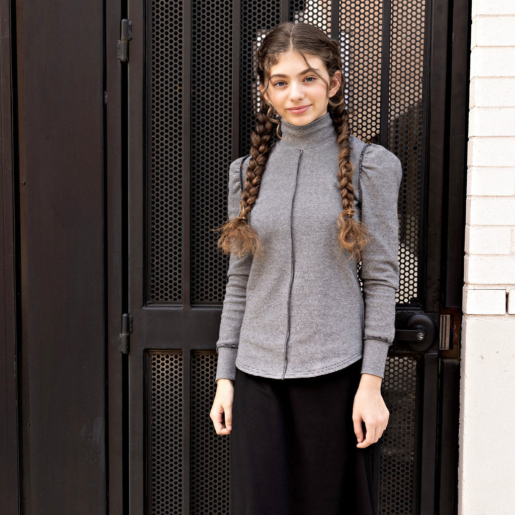 Black and White Striped Mock Neck With Puff Sleeve