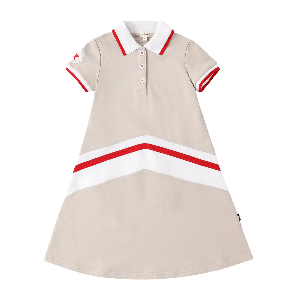 Girls Light Tan Polo Dress with Red and White Ribbing