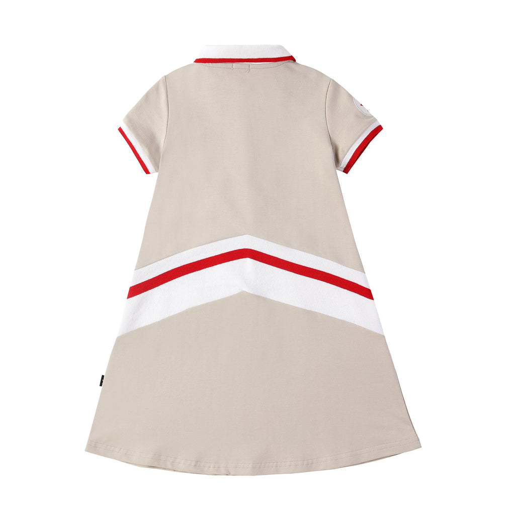 Girls Light Tan Polo Dress with Red and White Ribbing