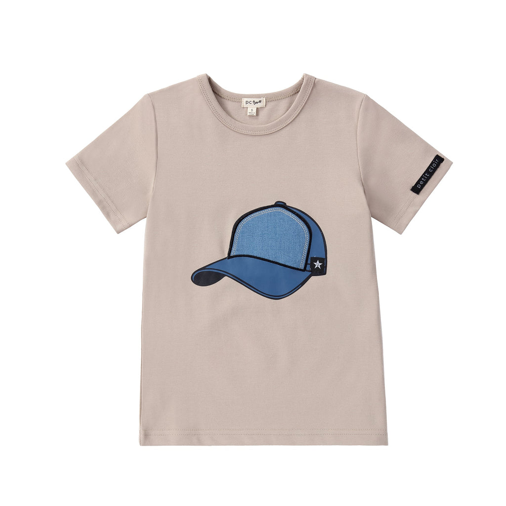 Tan T-shirt with Denim Cap Applique