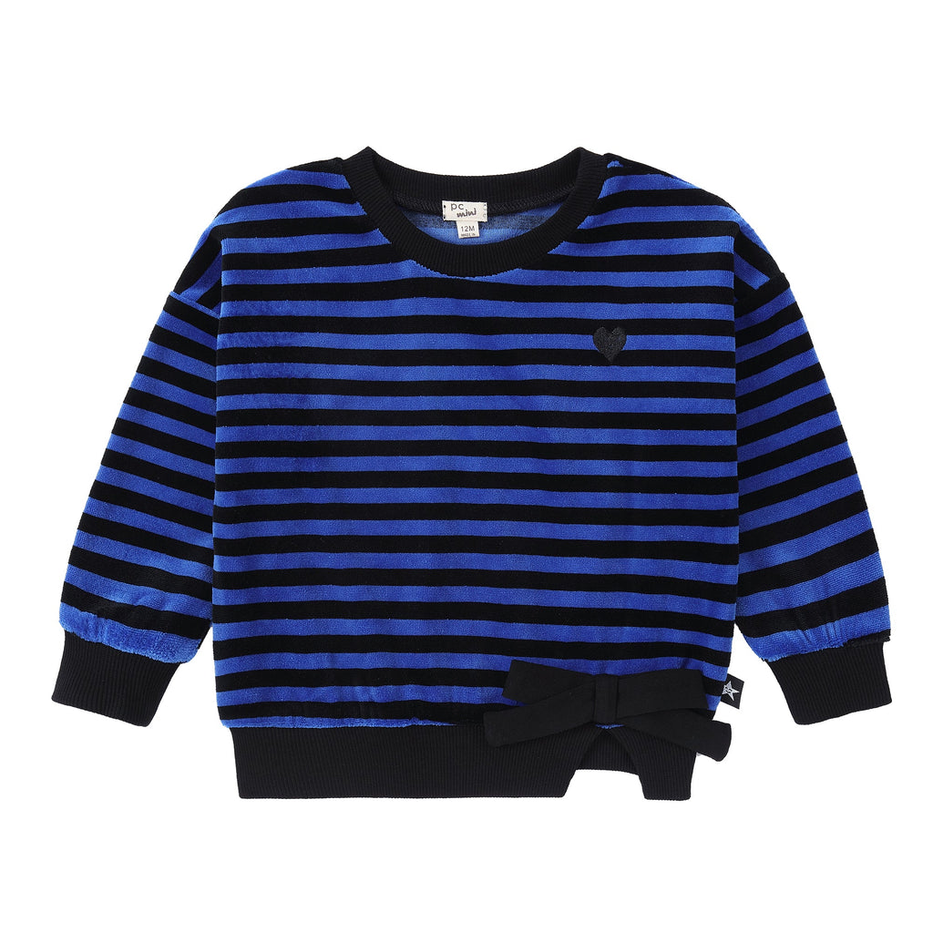 Royal Blue and Black Striped Velour Sweatshirt with Bow Detail