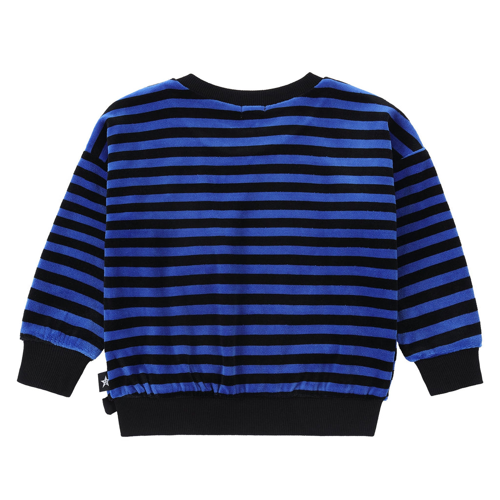 Royal Blue and Black Striped Velour Sweatshirt with Bow Detail